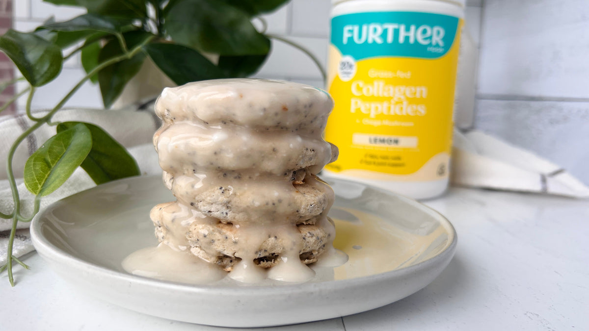 Image of lemon pancakes with lemon collagen jar