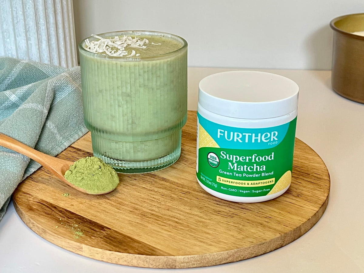 Image of Matcha Colada in a glass with Superfood Matcha next to it