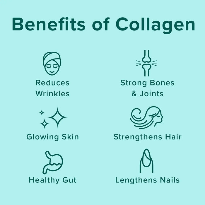 Benefits of Collagen - Reduces Wrinkles, Glowing Skin, Healthy Gut, Strong Bones and Joints, Strengthens Hair, and Lengthens Nails