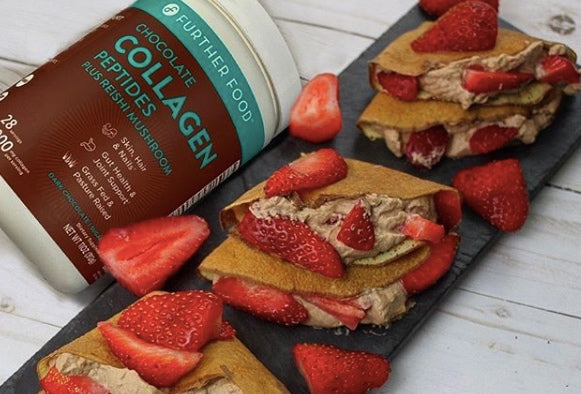Chocolate Collagen Whipped Cream Filled Crepes with Strawberries