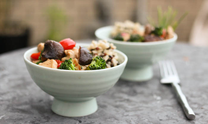 Colorful Broccoli, Mushroom Chicken Stir-fry with Wild Rice