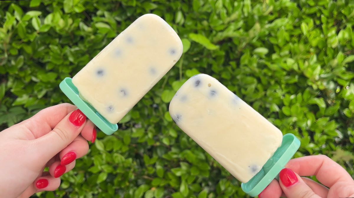 2 Hands holding lemon blueberry popsicles 