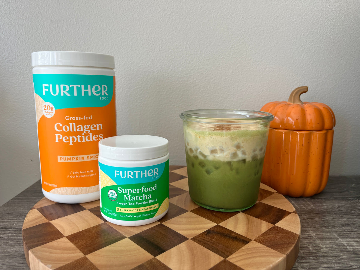 Supplement jars with iced matcha in a glass