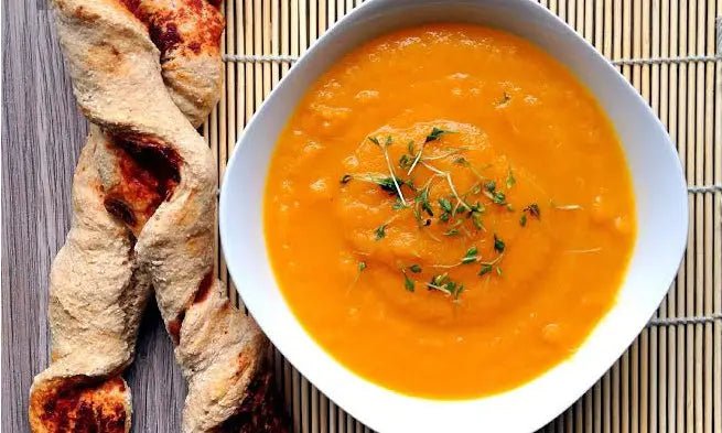 Carrot Ginger Citrus Soup with Spiraled Spelt Breadsticks - Further