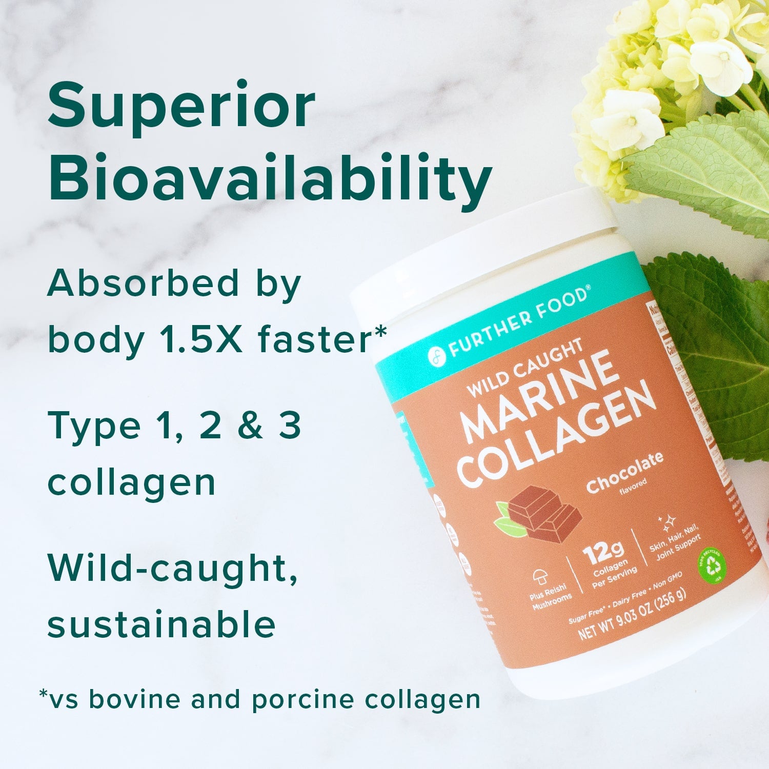 Further Food Chocolate Marine Collagen Superior Bioavailability. Absorbed by body 1.5x faster, has Type 1, 2 and 3 collagen, and is wild-caught and sustainably sourced