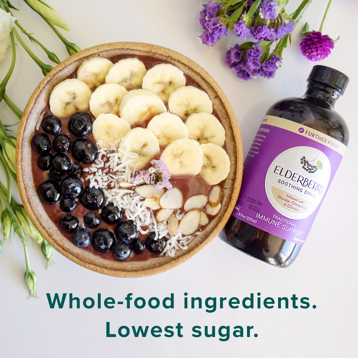 Our Elderberry Soothing Syrup has whole-food ingredients and the lowest sugar of syrup options