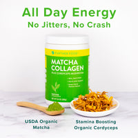 Matcha Collagen provides all day energy with no jitters and no crash. USDA organic matcha, stamina boosting organic cordyceps. 