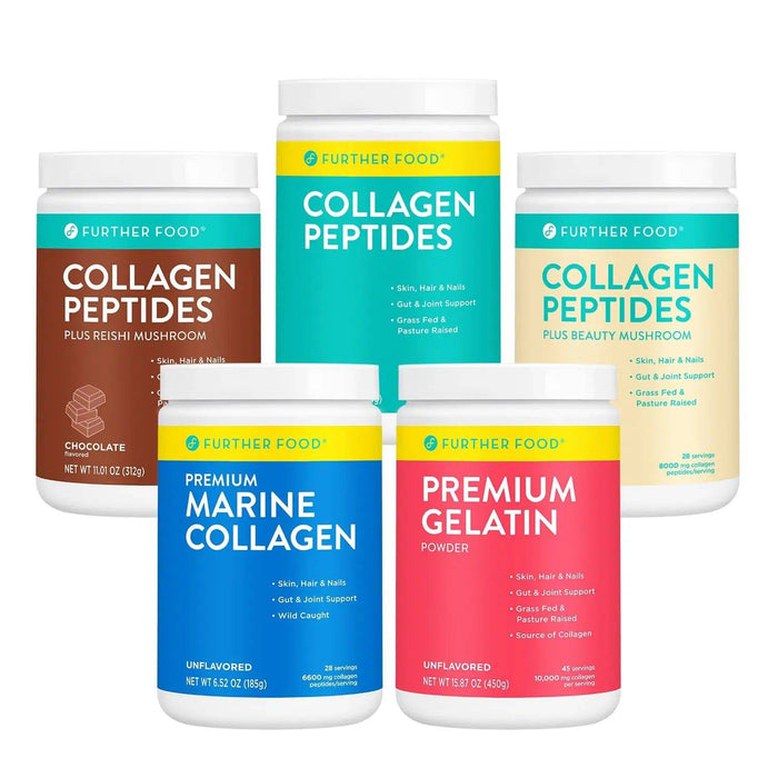 Further Food Complete Premium Collagen Bundle including Unflavored Collagen Peptides, Flavored Collagen, Marine Collagen, and Premium Gelatin Powder