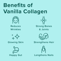 Benefits of Vanilla Collagen include glowing skin, strong hair and nails, gut health and strong bones and joints.