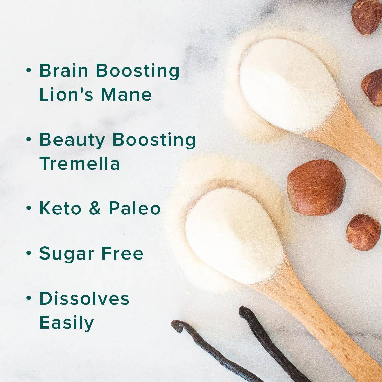 Brain Boosting Lion's Mane Mushroom, Beauty Boosting Tremella Mushroom, Keto & Paleo, Sugar Free and Dissolves Easily